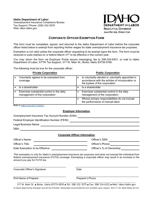 Corporate Officer Exemption Form - Idaho Download Pdf