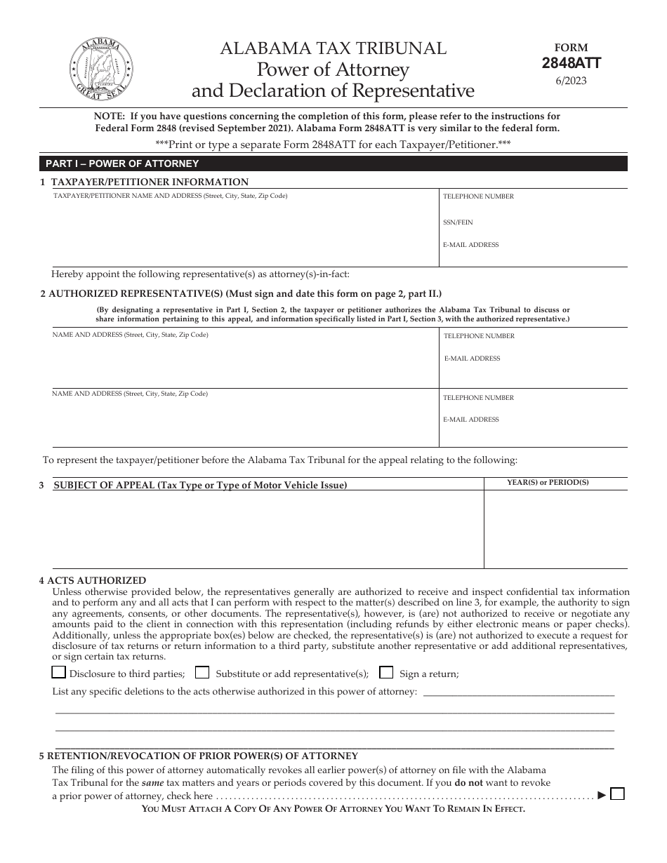 Form 2848ATT Power of Attorney and Declaration of Representative - Alabama, Page 1