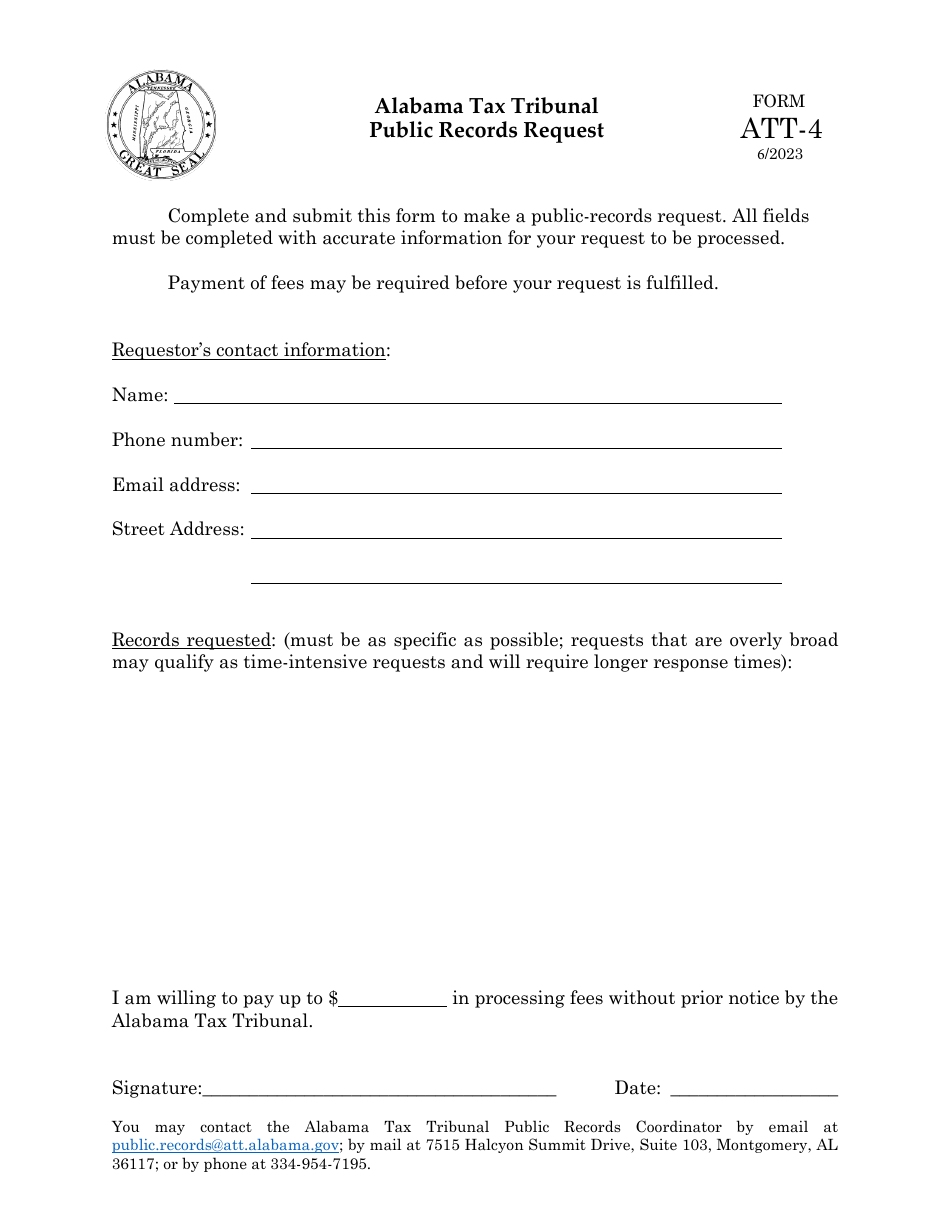 Form ATT-4 Public Records Request - Alabama, Page 1