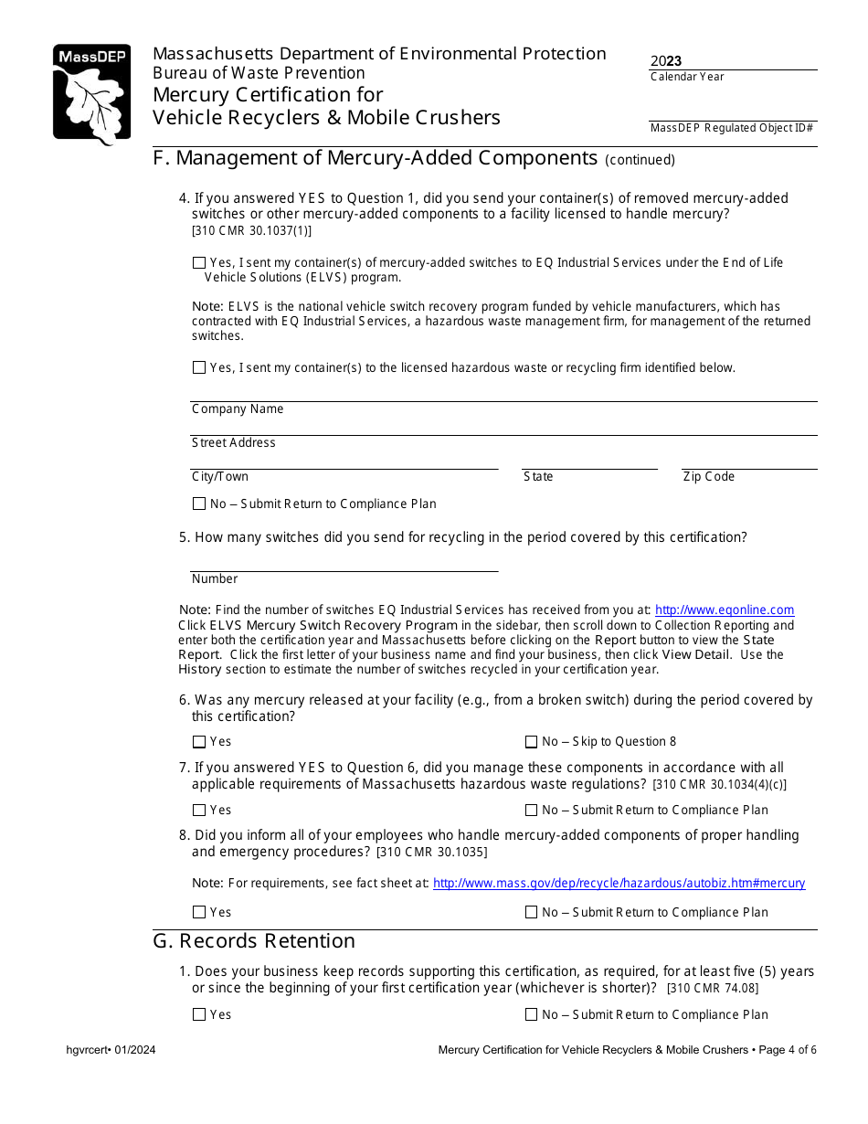Mercury Certification for Vehicle Recyclers  Mobile Crushers - Massachusetts, Page 4