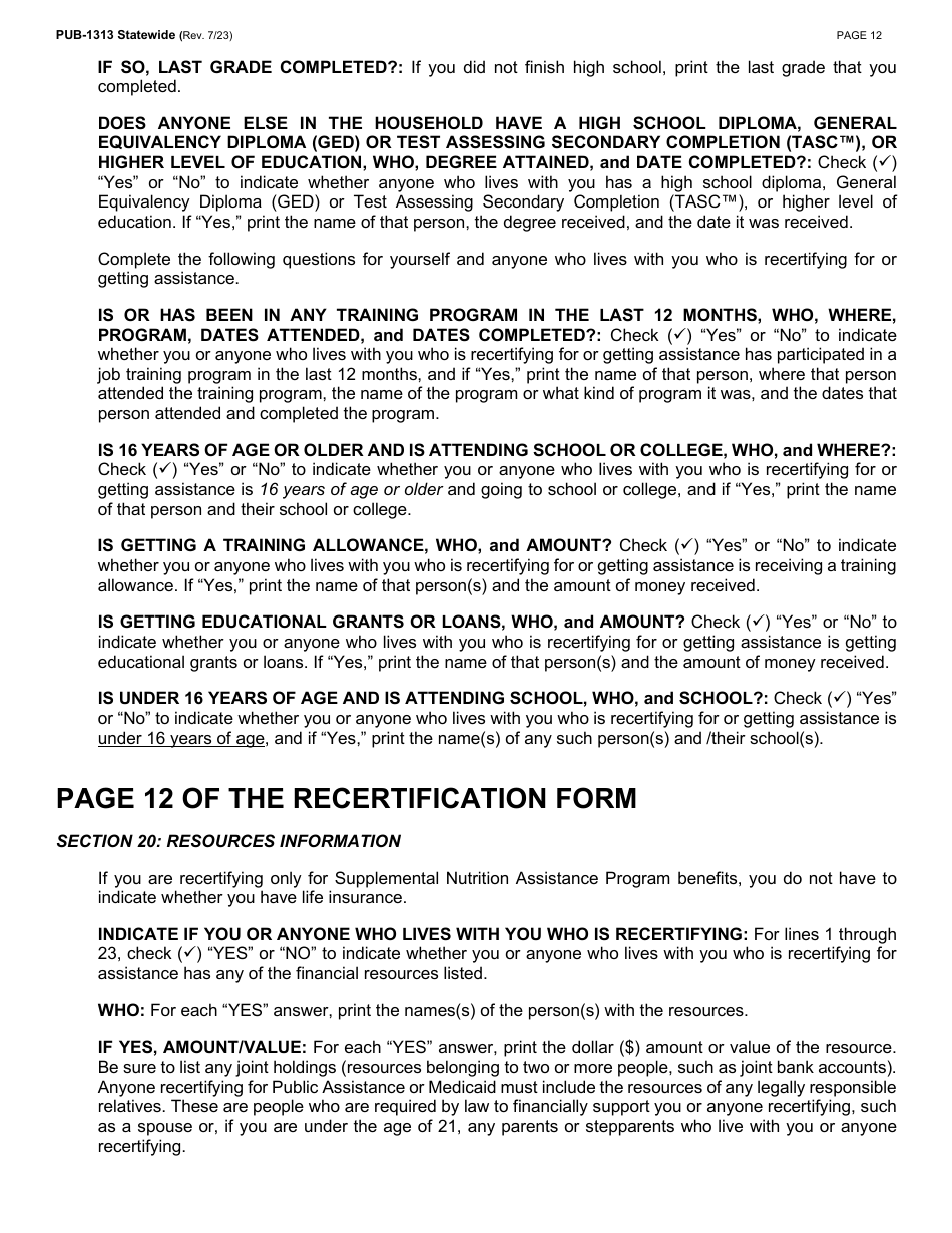 Instructions for Form LDSS-3174 New York State Recertification Form for Certain Benefits and Services - New York, Page 13