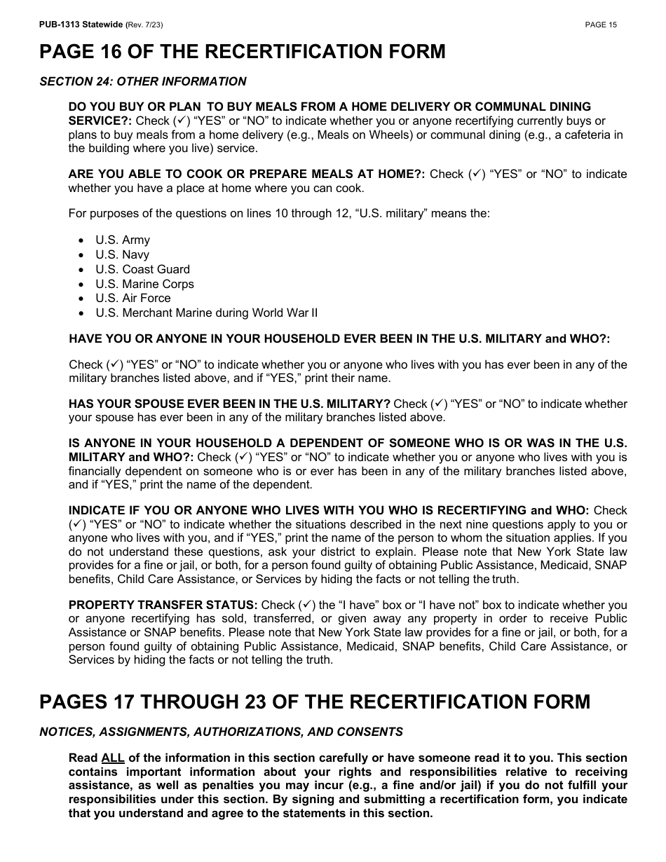 Instructions for Form LDSS-3174 New York State Recertification Form for Certain Benefits and Services - New York, Page 16