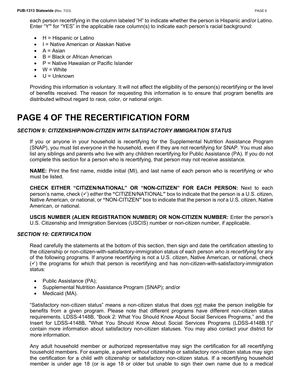 Instructions for Form LDSS-3174 New York State Recertification Form for Certain Benefits and Services - New York, Page 7
