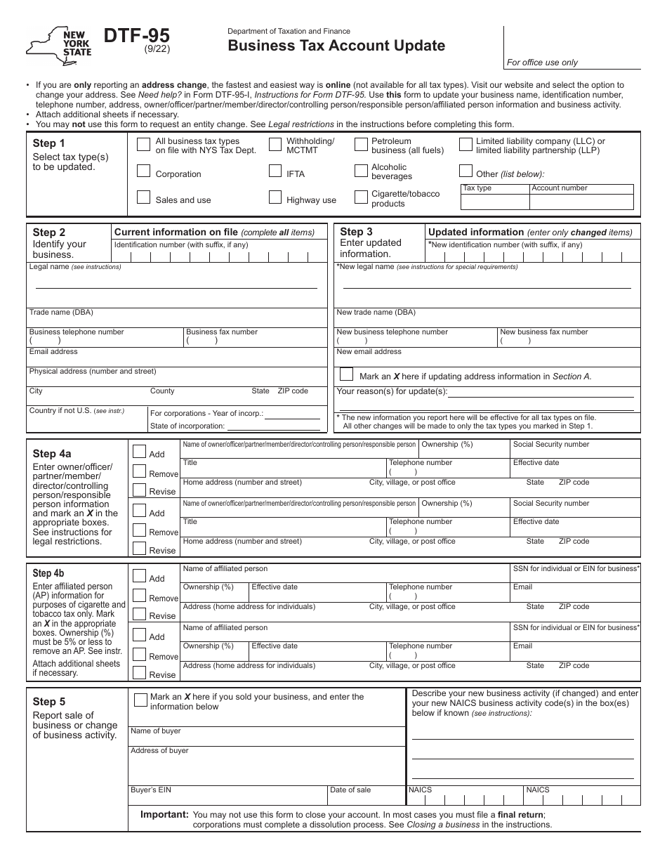 Form DTF-95 Business Tax Account Update - New York, Page 1