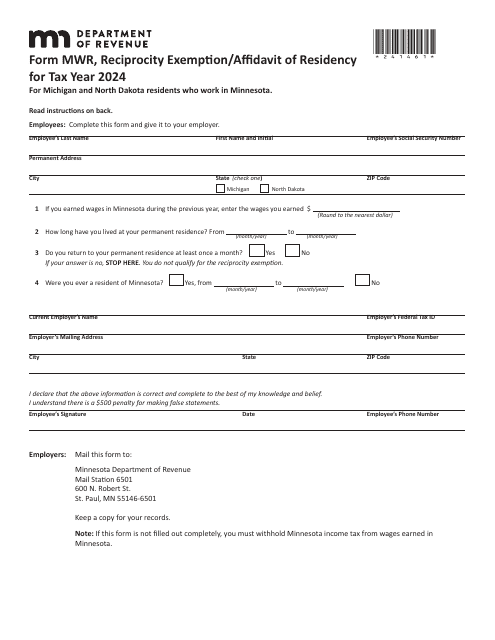 Form MWR Reciprocity Exemption/Affidavit of Residency for Michigan and North Dakota Residents Who Work in Minnesota - Minnesota, 2024