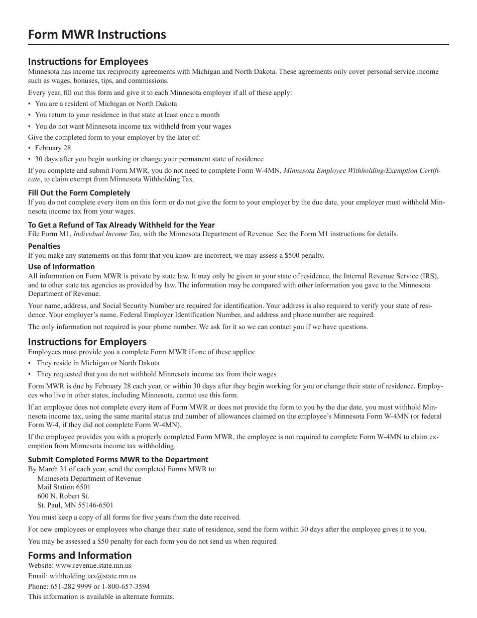 Form MWR Reciprocity Exemption / Affidavit of Residency for Michigan and North Dakota Residents Who Work in Minnesota - Minnesota, Page 2