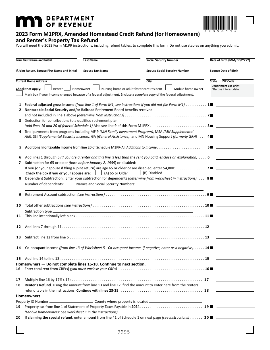 Form M1PRX Download Fillable PDF or Fill Online Amended Homestead