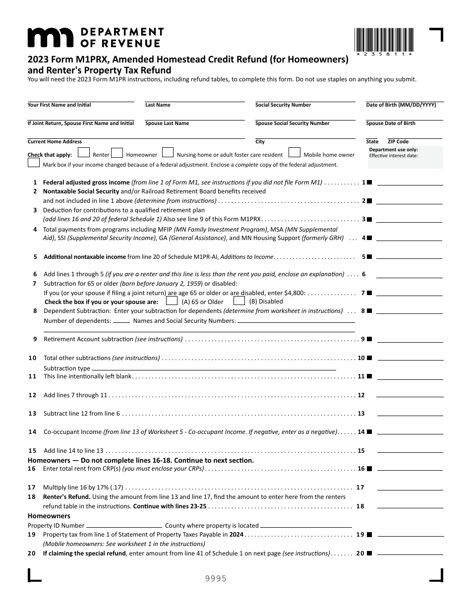 Form M1PRX Amended Homestead Credit Refund (For Homeowners) and Renters Property Tax Refund - Minnesota, Page 1