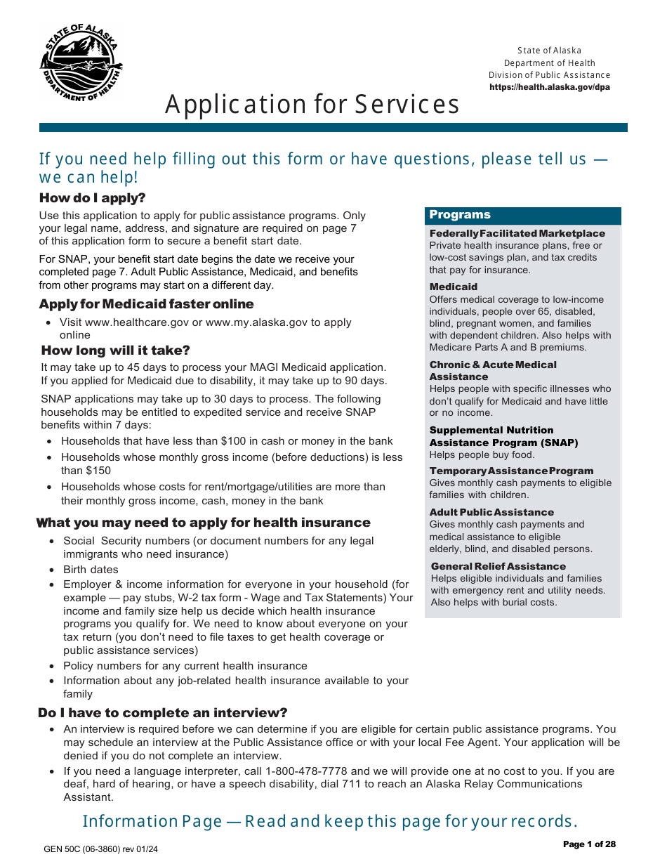 Form GEN50C Application for Services - Alaska, Page 1