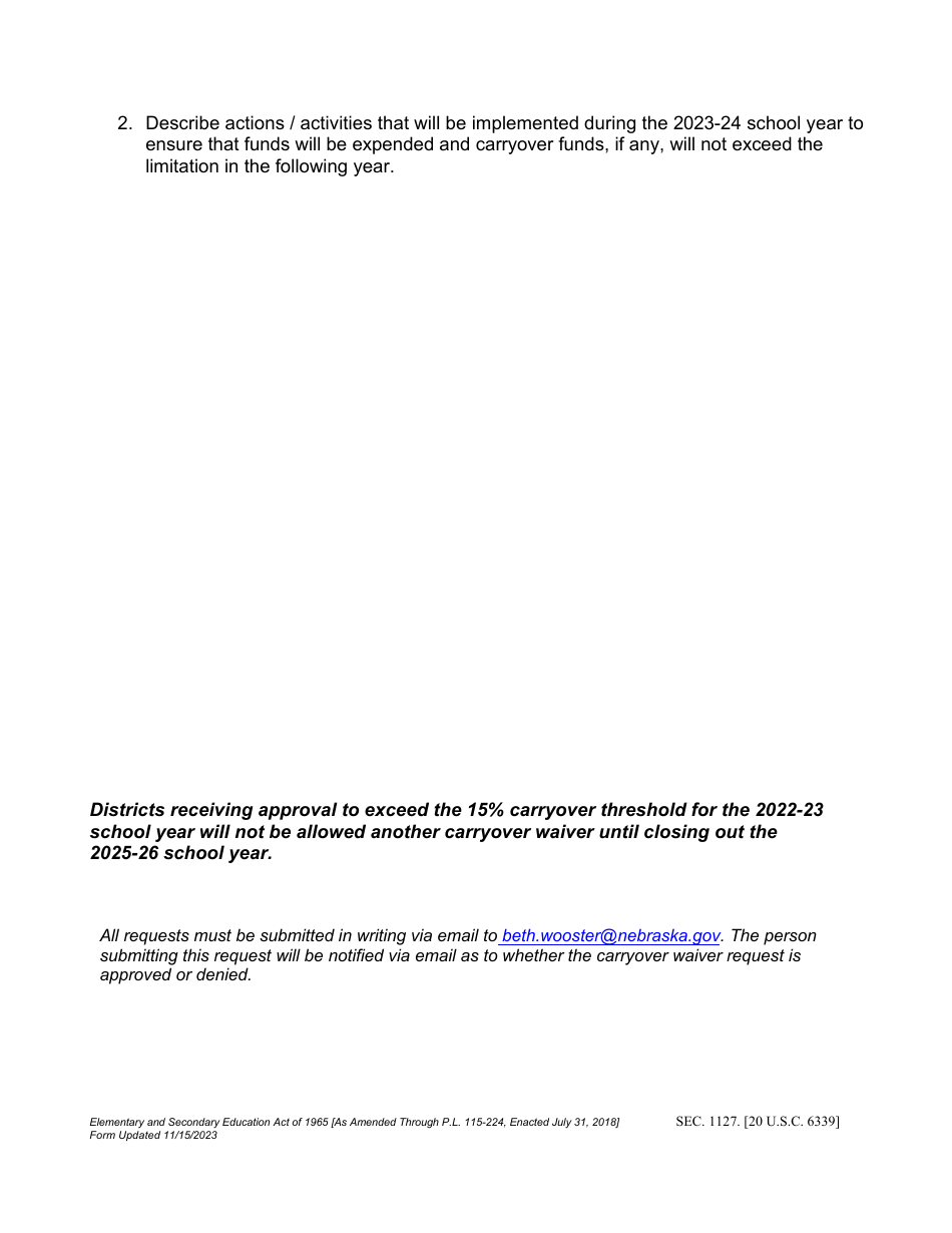 Form NDE04-060 Waiver Request to Exceed Carryover Limitations Title I, Part a Funds - Nebraska, Page 2