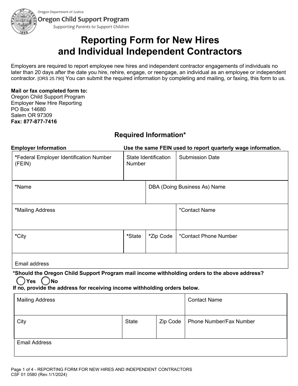 Form CSF01 0580 Reporting Form for New Hires and Individual Independent Contractors - Oregon, Page 1