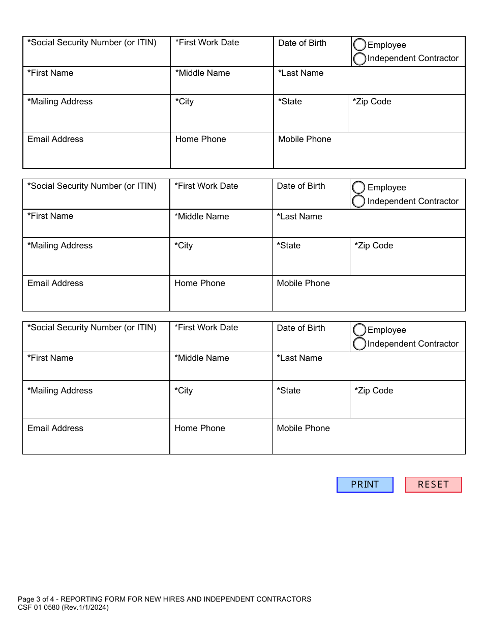 Form CSF01 0580 Reporting Form for New Hires and Individual Independent Contractors - Oregon, Page 3
