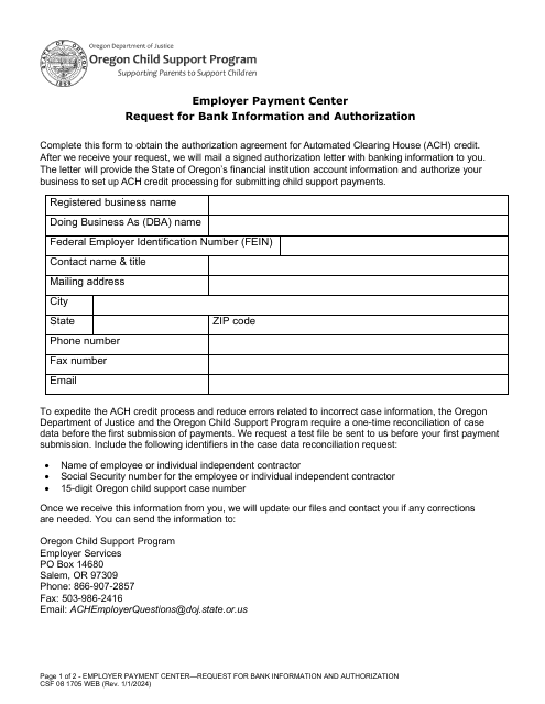 Form CSF08 1705 Employer Payment Center Request for Bank Information and Authorization - Oregon