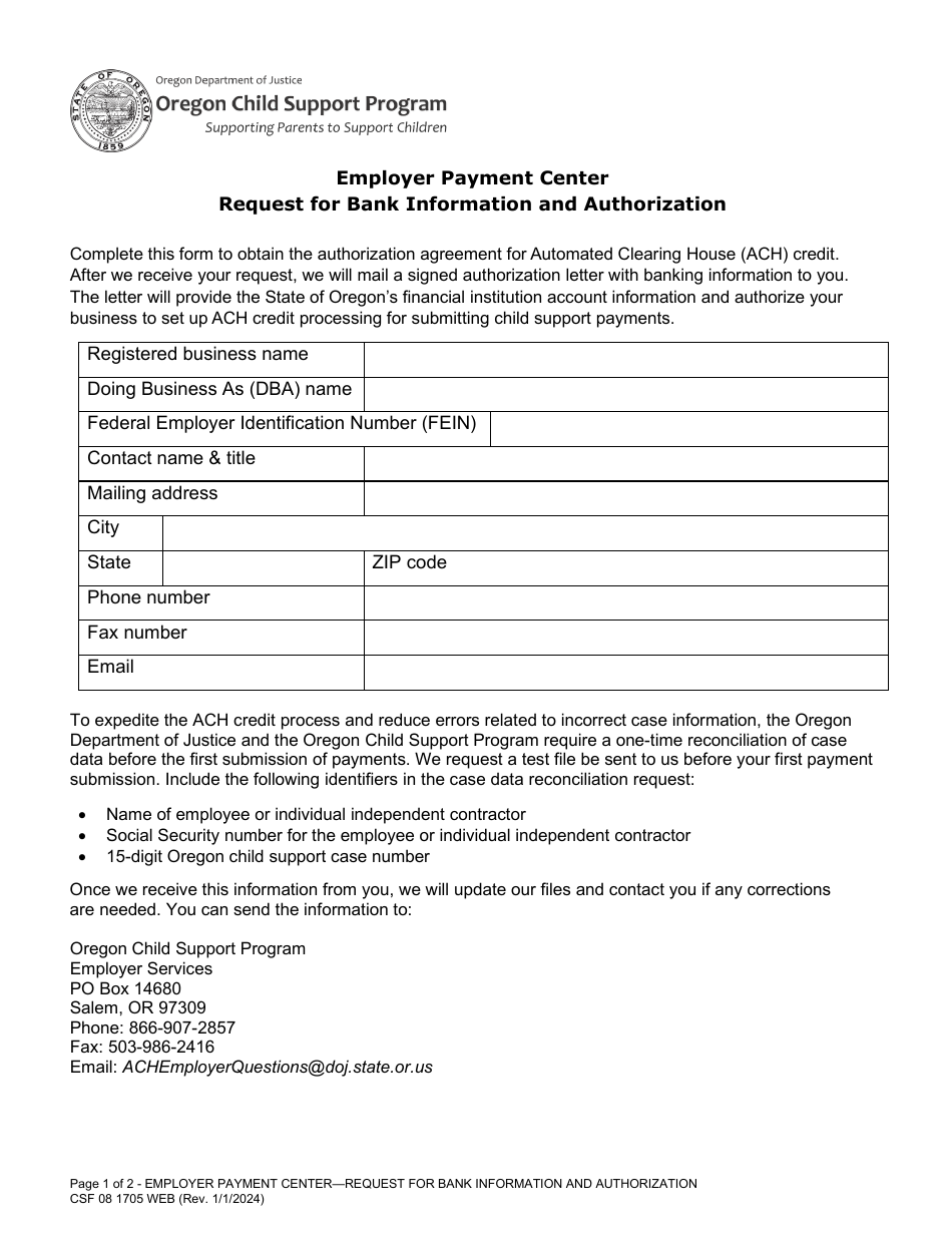 Form CSF08 1705 Employer Payment Center Request for Bank Information and Authorization - Oregon, Page 1
