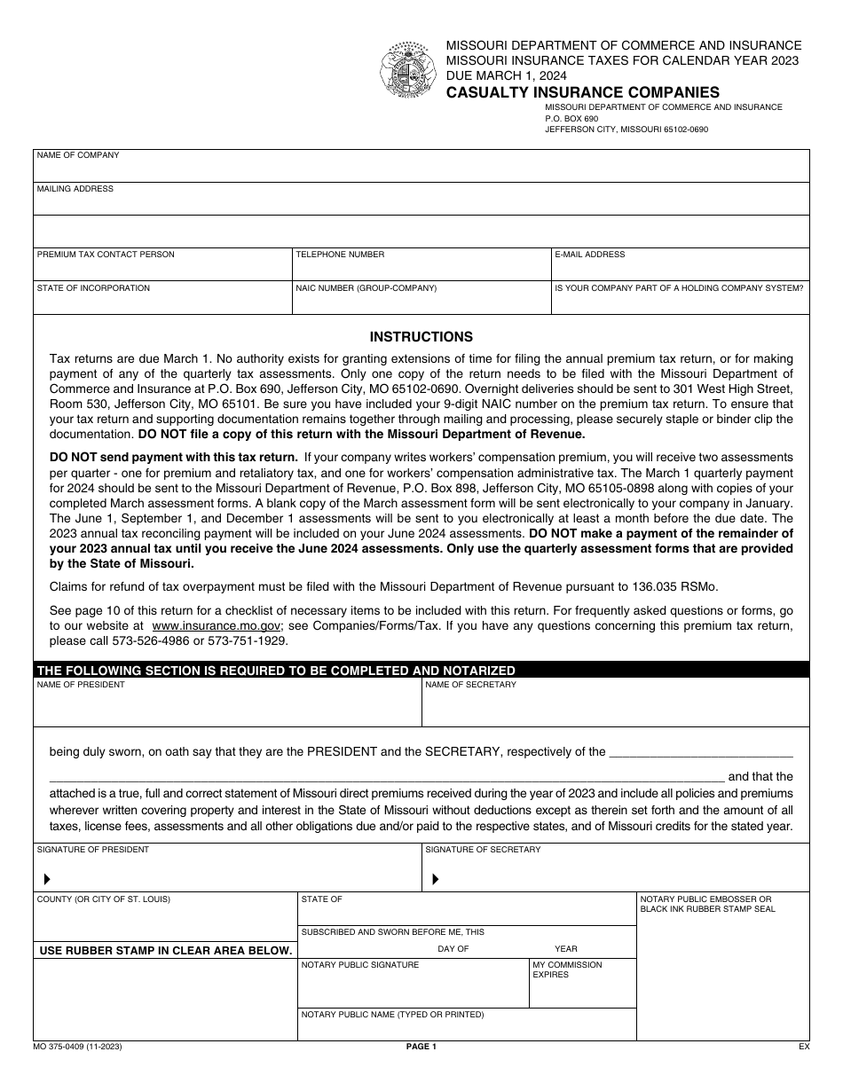 Form MO375-0409 Casualty Insurance Companies - Missouri, Page 1