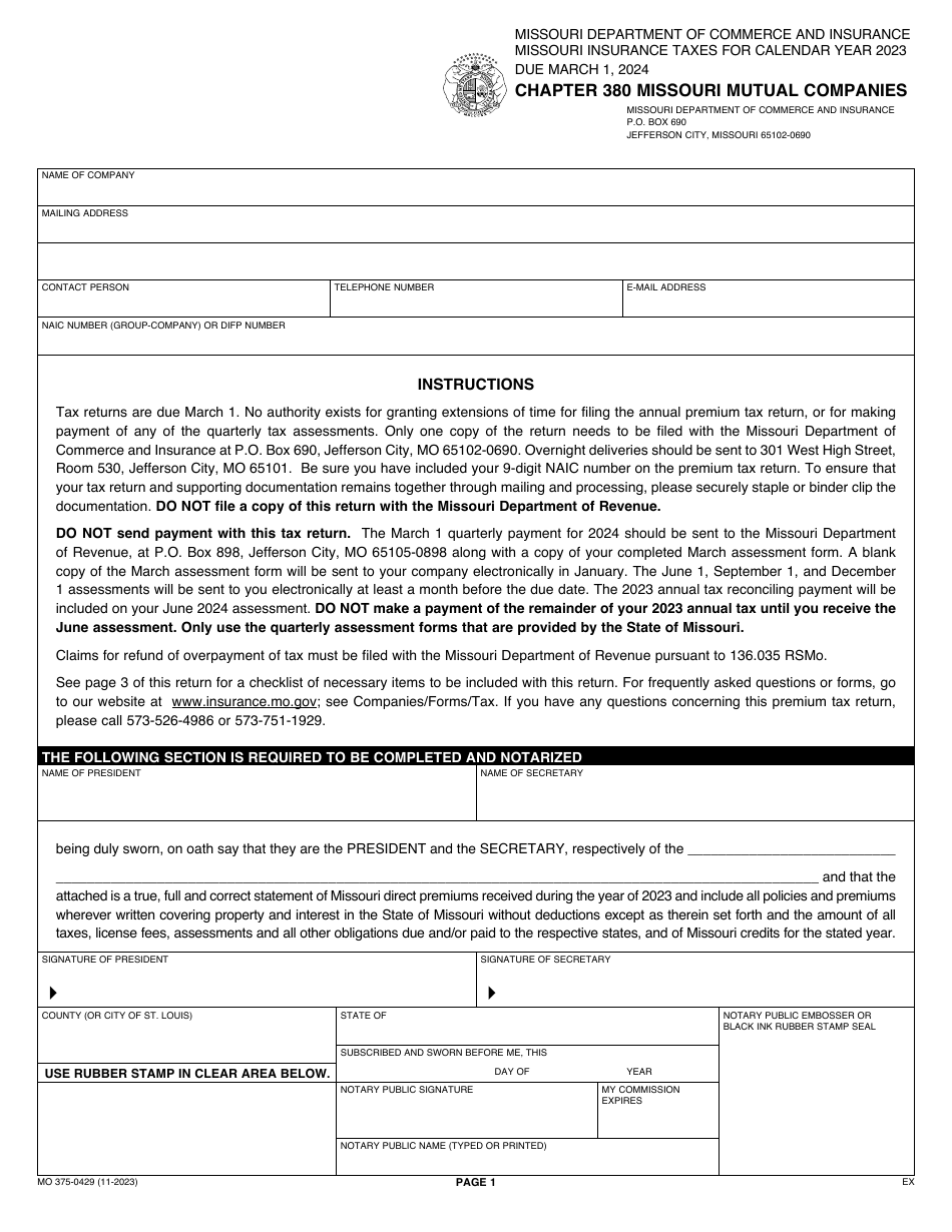 Form MO375-0429 Chapter 380 Missouri Mutual Companies - Missouri, Page 1