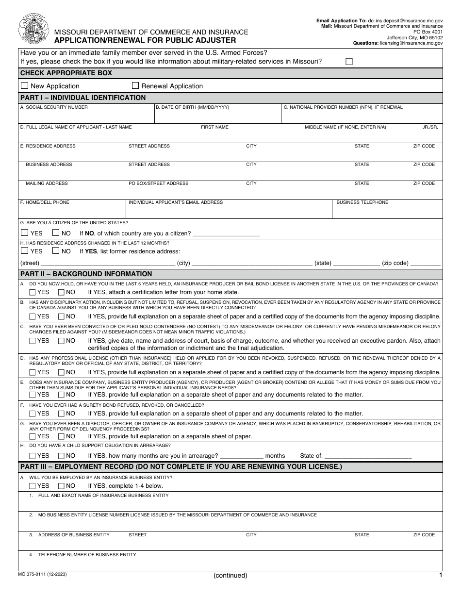 Form MO375-0111 Application / Renewal for Public Adjuster - Missouri, Page 1