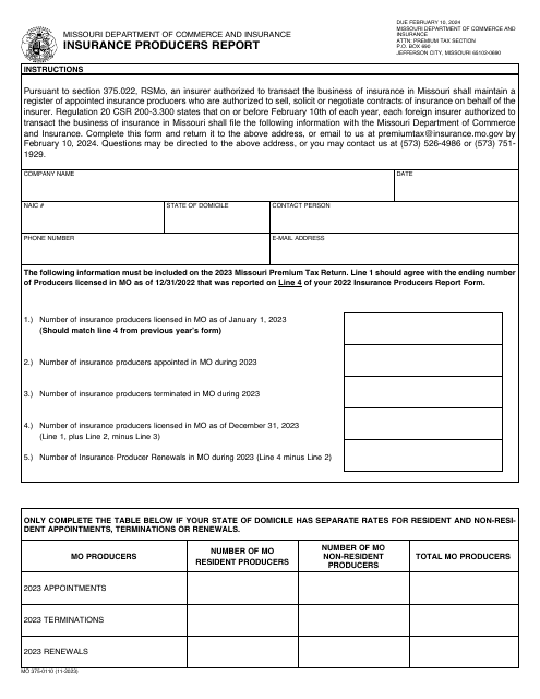Form MO375-0110 Insurance Producers Report - Missouri