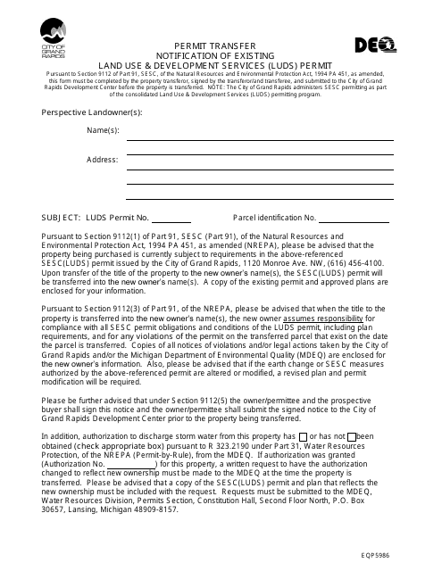 Form EQP5986 Permit Transfer Notification of Existing Land Use & Development Services (Luds) Permit - City of Grand Rapids, Michigan