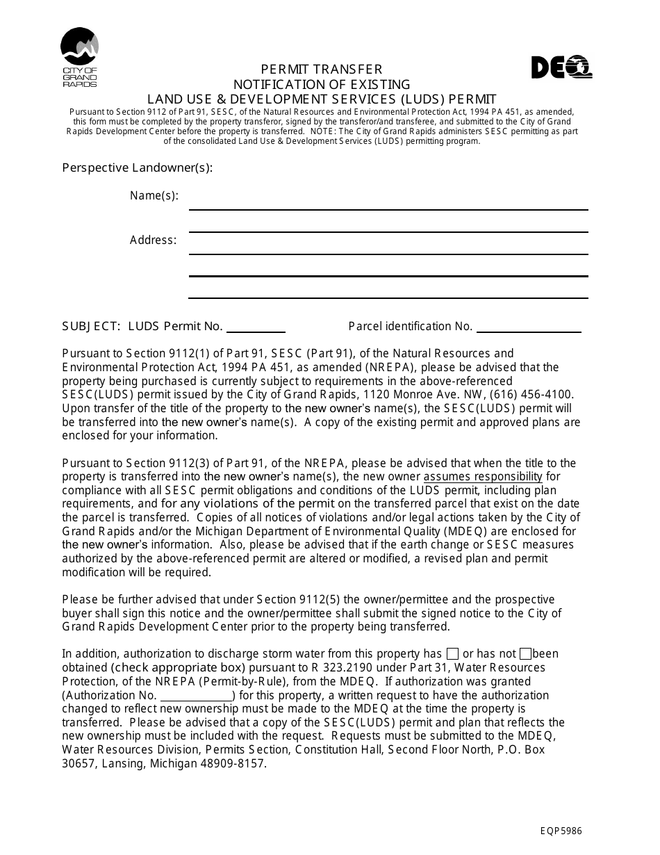 Form EQP5986 Permit Transfer Notification of Existing Land Use  Development Services (Luds) Permit - City of Grand Rapids, Michigan, Page 1