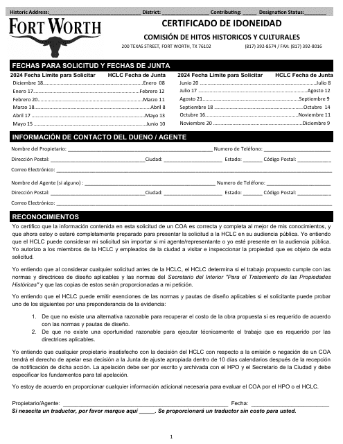 Certificado De Idoneidad - Comision De Hitos Historicos Y Culturales - City of Fort Worth, Texas (Spanish), 2024