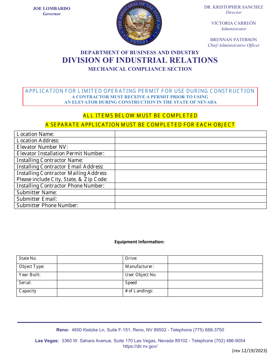 Nevada Application for Limited Operating Permit for Use During