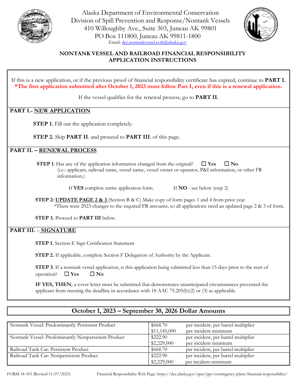 Form 18-303 Nontank Vessel and Railroad Financial Responsibility Application and Checklist - Alaska, Page 1