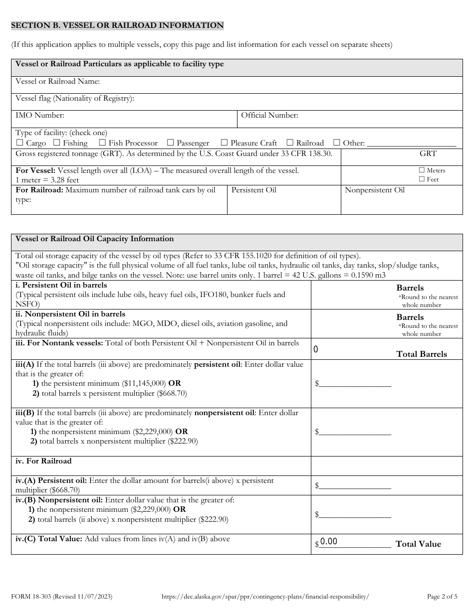 Form 18-303 Nontank Vessel and Railroad Financial Responsibility Application and Checklist - Alaska, Page 3
