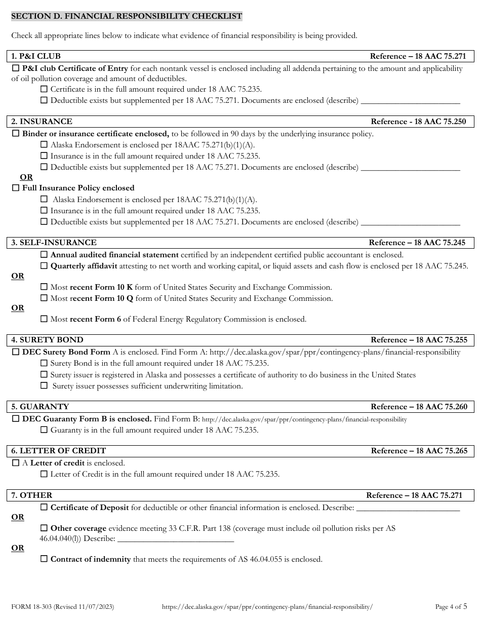 Form 18-303 Nontank Vessel and Railroad Financial Responsibility Application and Checklist - Alaska, Page 5
