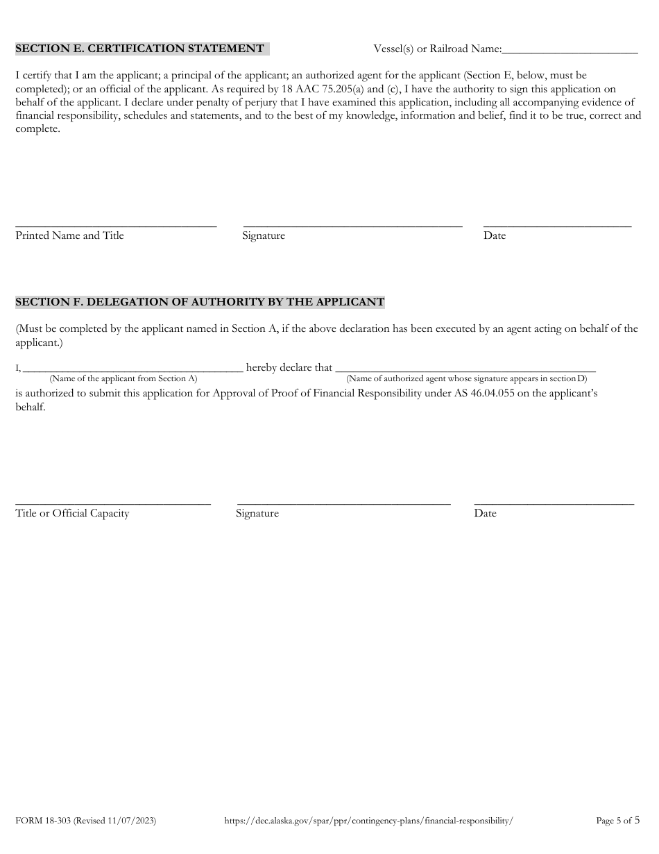 Form 18-303 Nontank Vessel and Railroad Financial Responsibility Application and Checklist - Alaska, Page 6