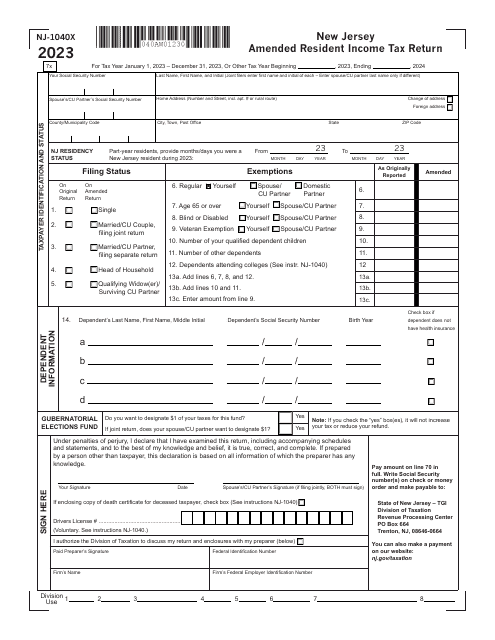 Form NJ-1040X New Jersey Amended Resident Income Tax Return - New Jersey, 2023
