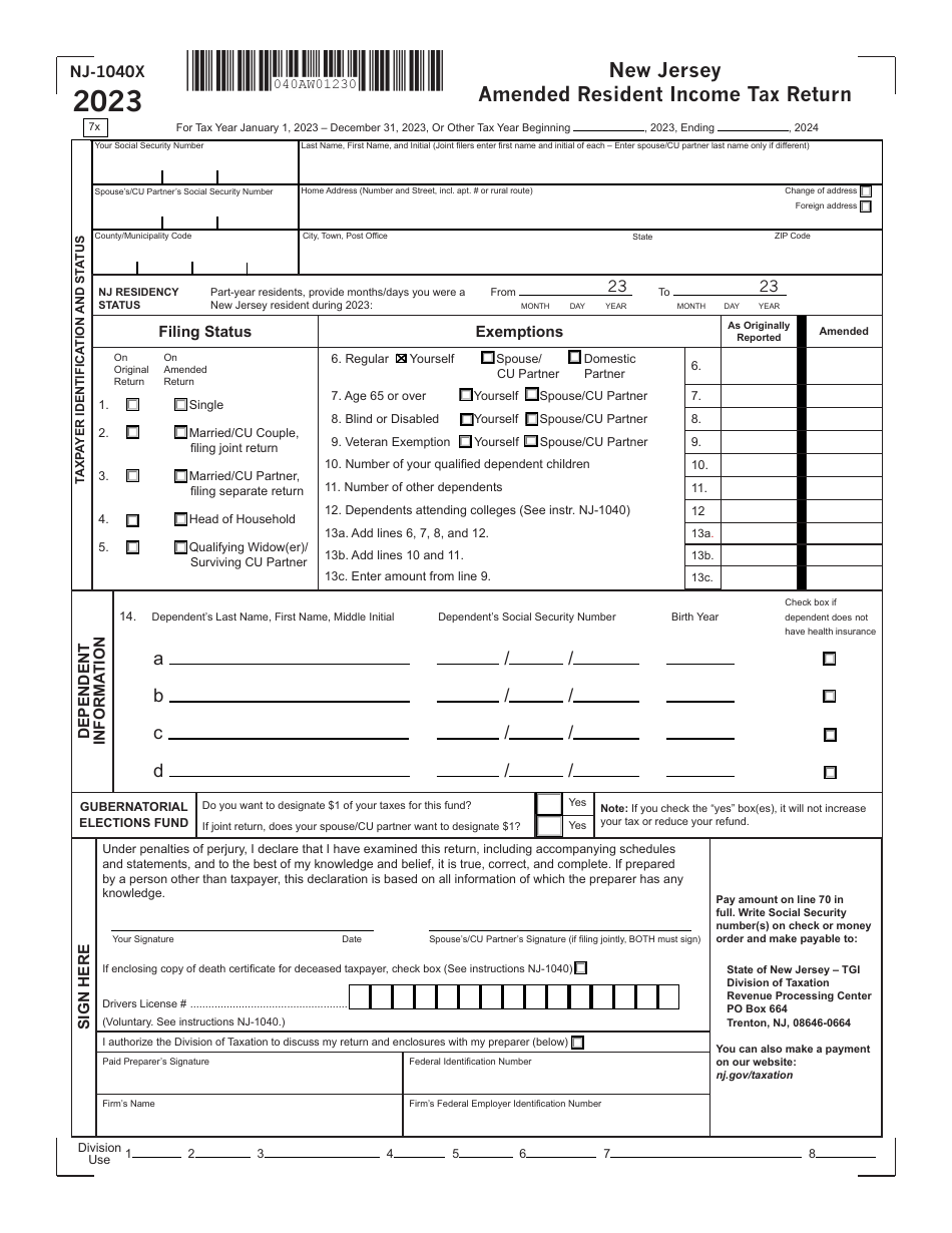 Form NJ-1040X New Jersey Amended Resident Income Tax Return - New Jersey, Page 1
