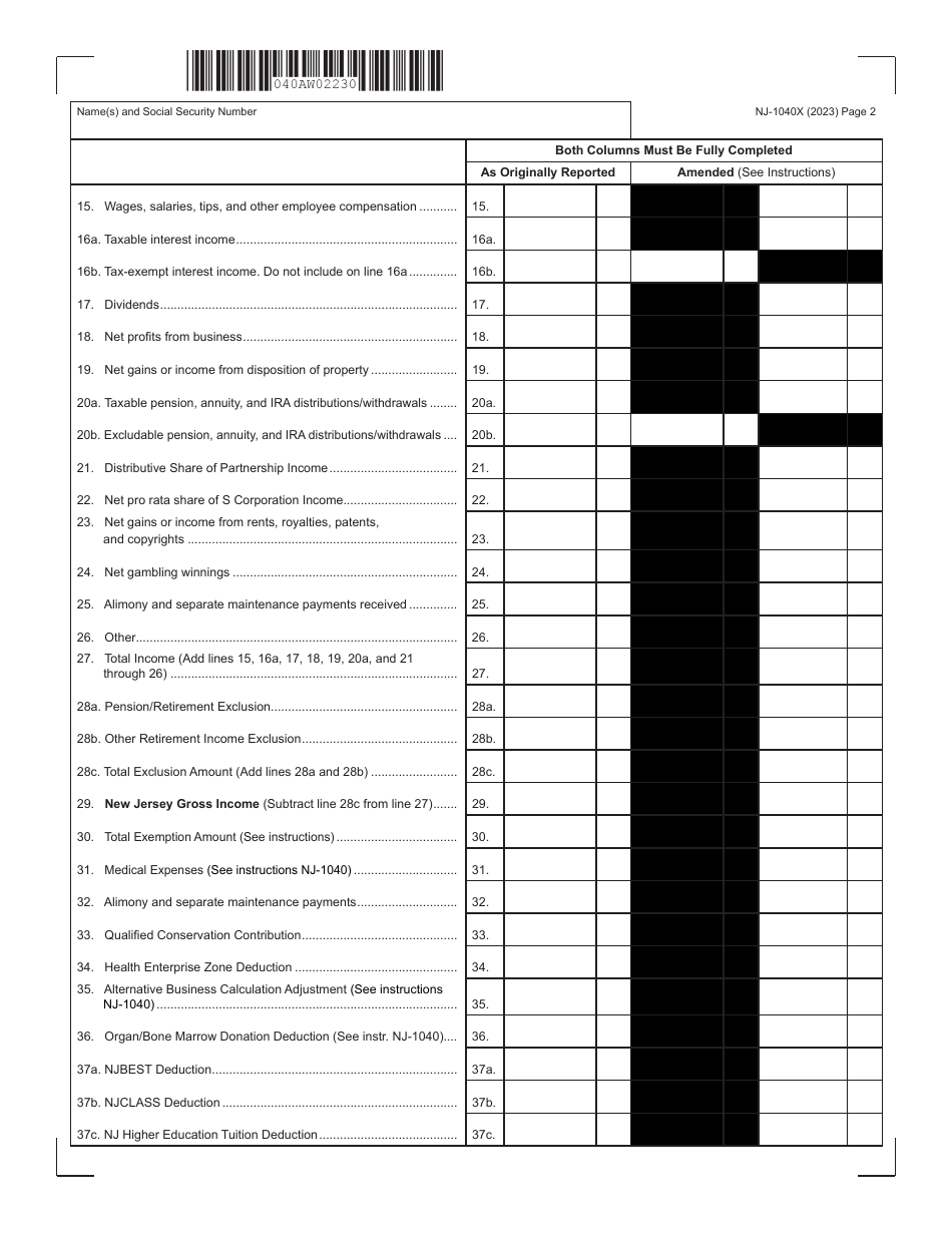 Form NJ-1040X New Jersey Amended Resident Income Tax Return - New Jersey, Page 2
