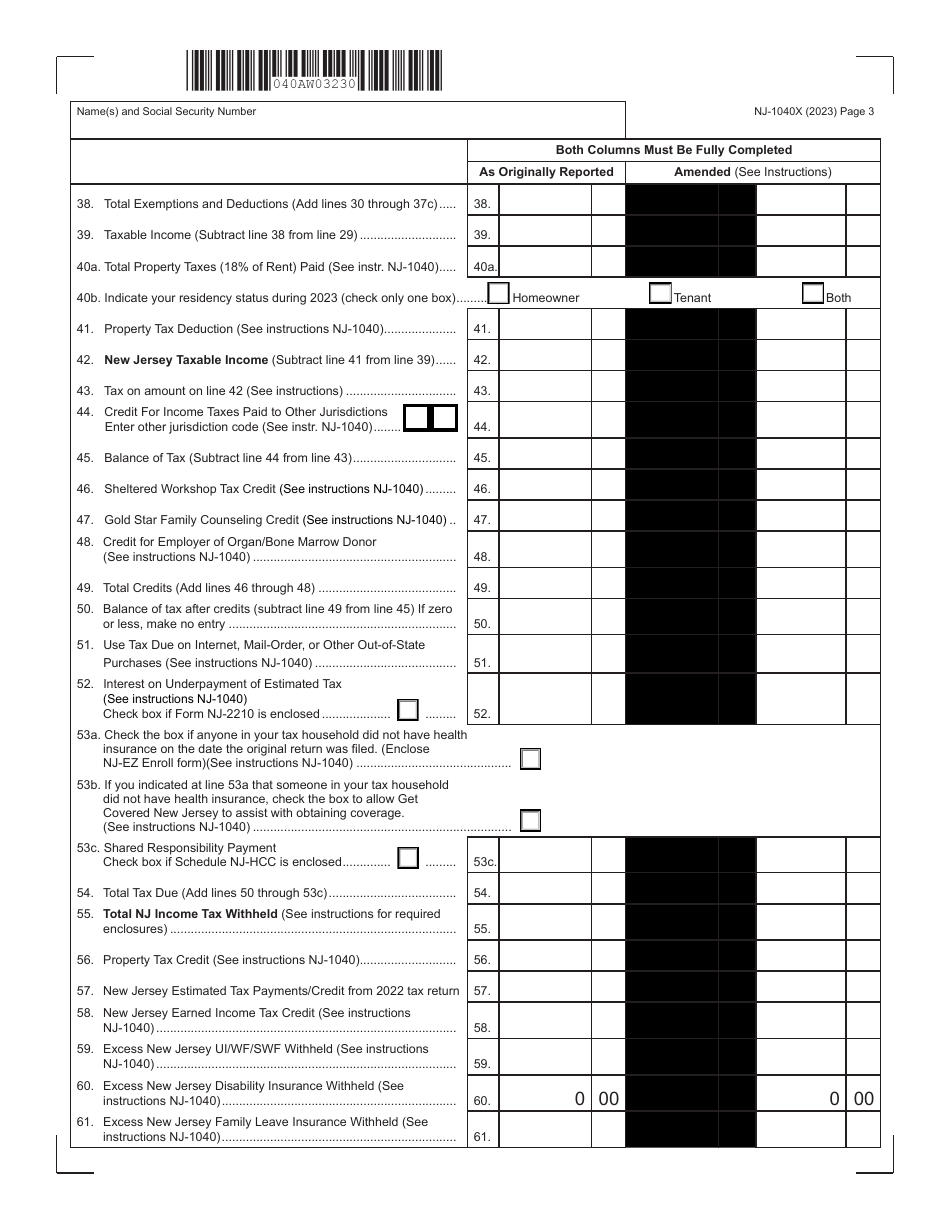 Form NJ1040X Download Fillable PDF or Fill Online New Jersey Amended