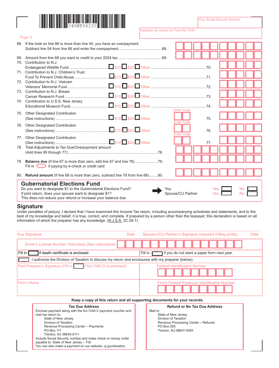 Form NJ-1040 New Jersey Resident Income Tax Return - New Jersey, Page 4