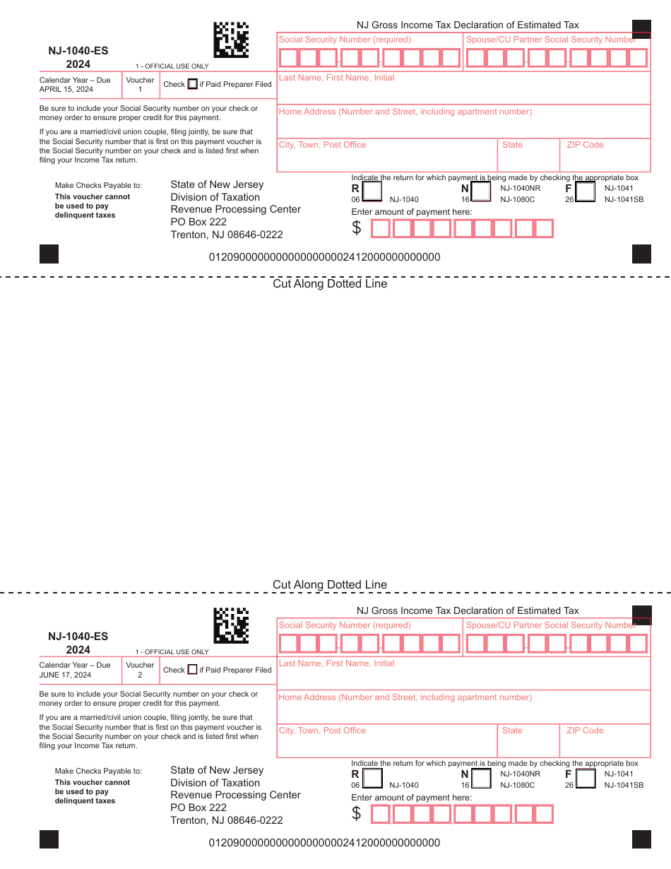 Form NJ-1040-ES Nj Gross Income Tax Declaration of Estimated Tax - New Jersey, Page 1