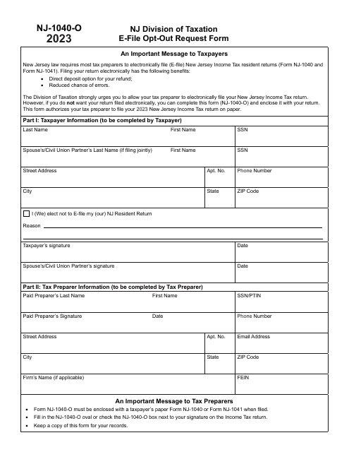 Form NJ-1040-O E-File Opt-Out Request Form - New Jersey, 2023