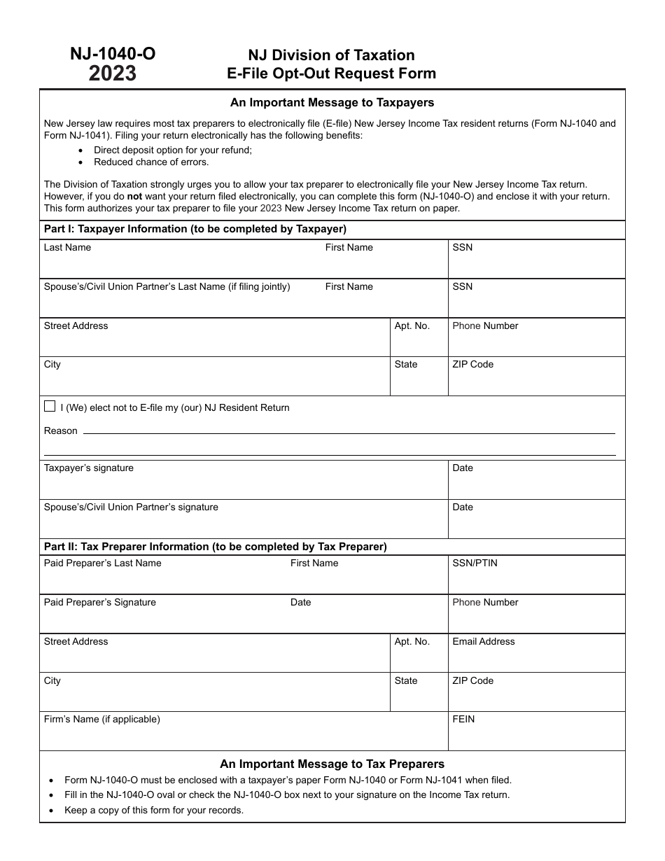Form NJ-1040-O E-File Opt-Out Request Form - New Jersey, Page 1