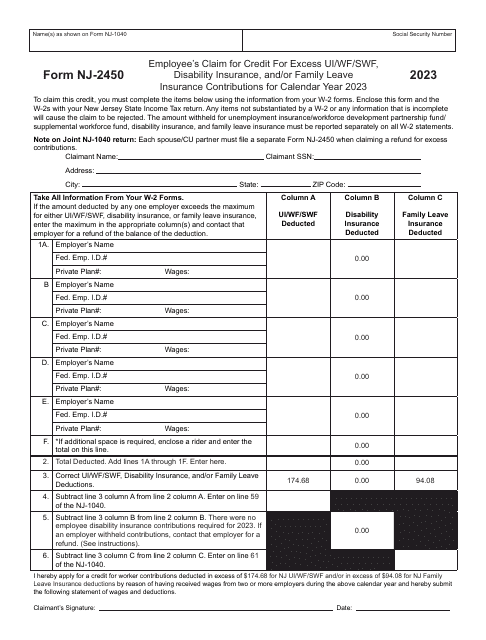 Form NJ-2450 Employee's Claim for Credit for Excess UI/WF/SWF, Disability Insurance, and/or Family Leave Insurance Contributions - New Jersey, 2023