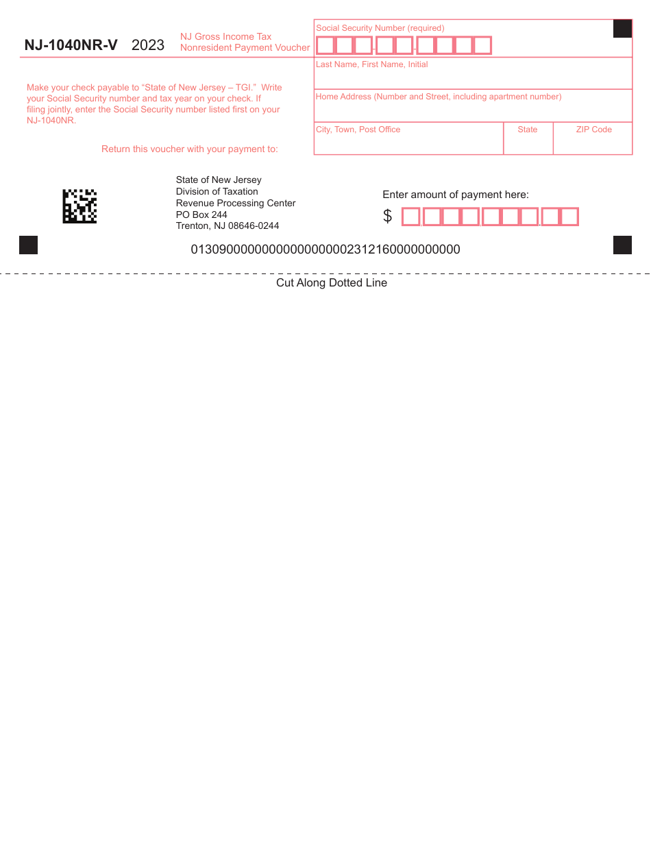 Form NJ-1040NR-V Nj Gross Income Tax Nonresident Payment Voucher - New Jersey, Page 1