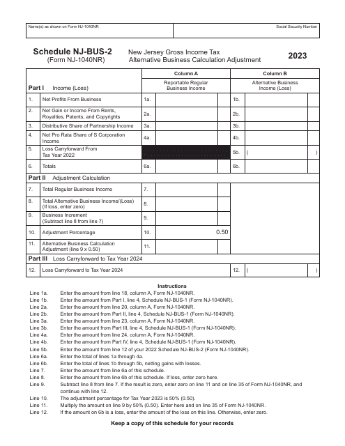 Form NJ-1040NR Schedule NJ-BUS-2 New Jersey Gross Income Tax Alternative Business Calculation Adjustment - New Jersey, 2023