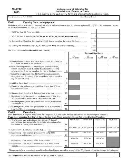 Form NJ-2210 Underpayment of Estimated Tax by Individuals, Estates, or Trusts - New Jersey, 2023