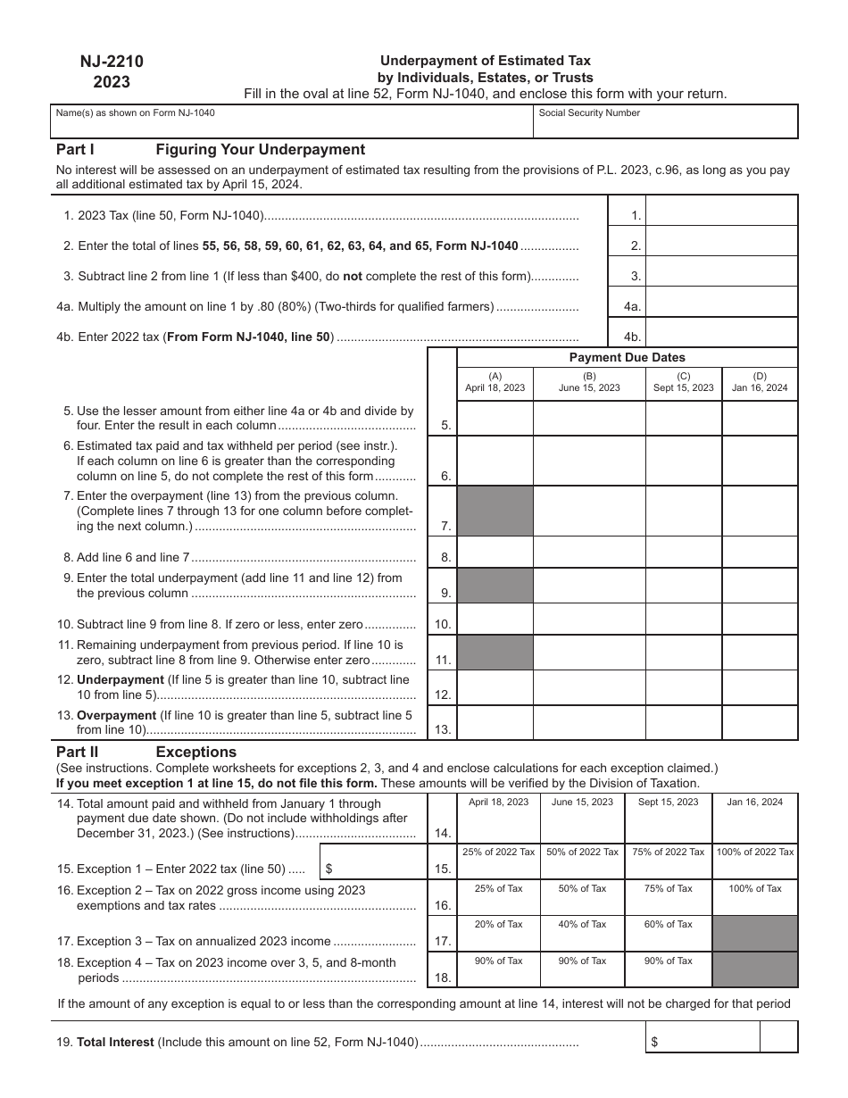 Form NJ-2210 Underpayment of Estimated Tax by Individuals, Estates, or Trusts - New Jersey, Page 1