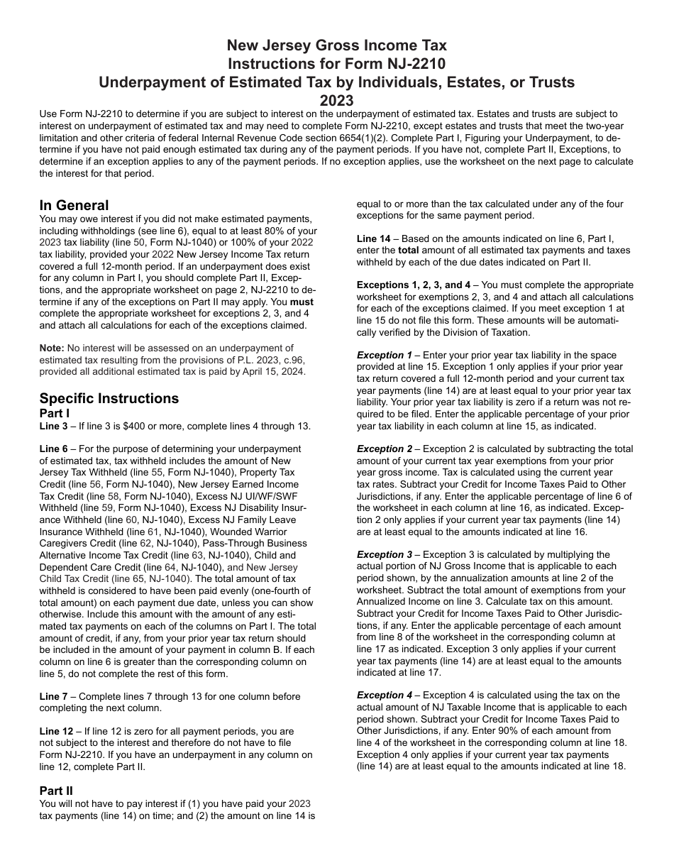 Form NJ-2210 Underpayment of Estimated Tax by Individuals, Estates, or Trusts - New Jersey, Page 3