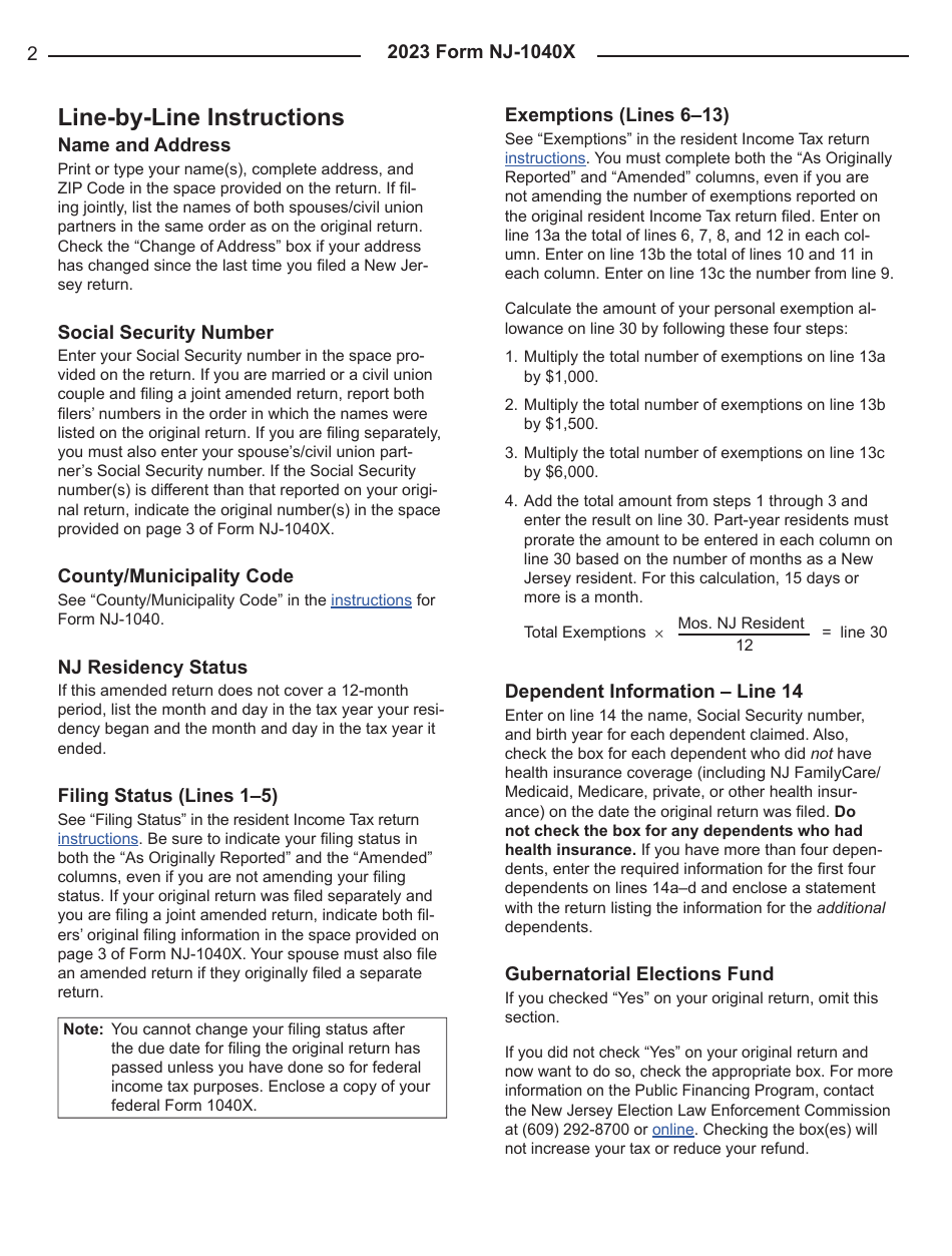 Instructions for Form NJ-1040X New Jersey Amended Resident Income Tax Return - New Jersey, Page 2