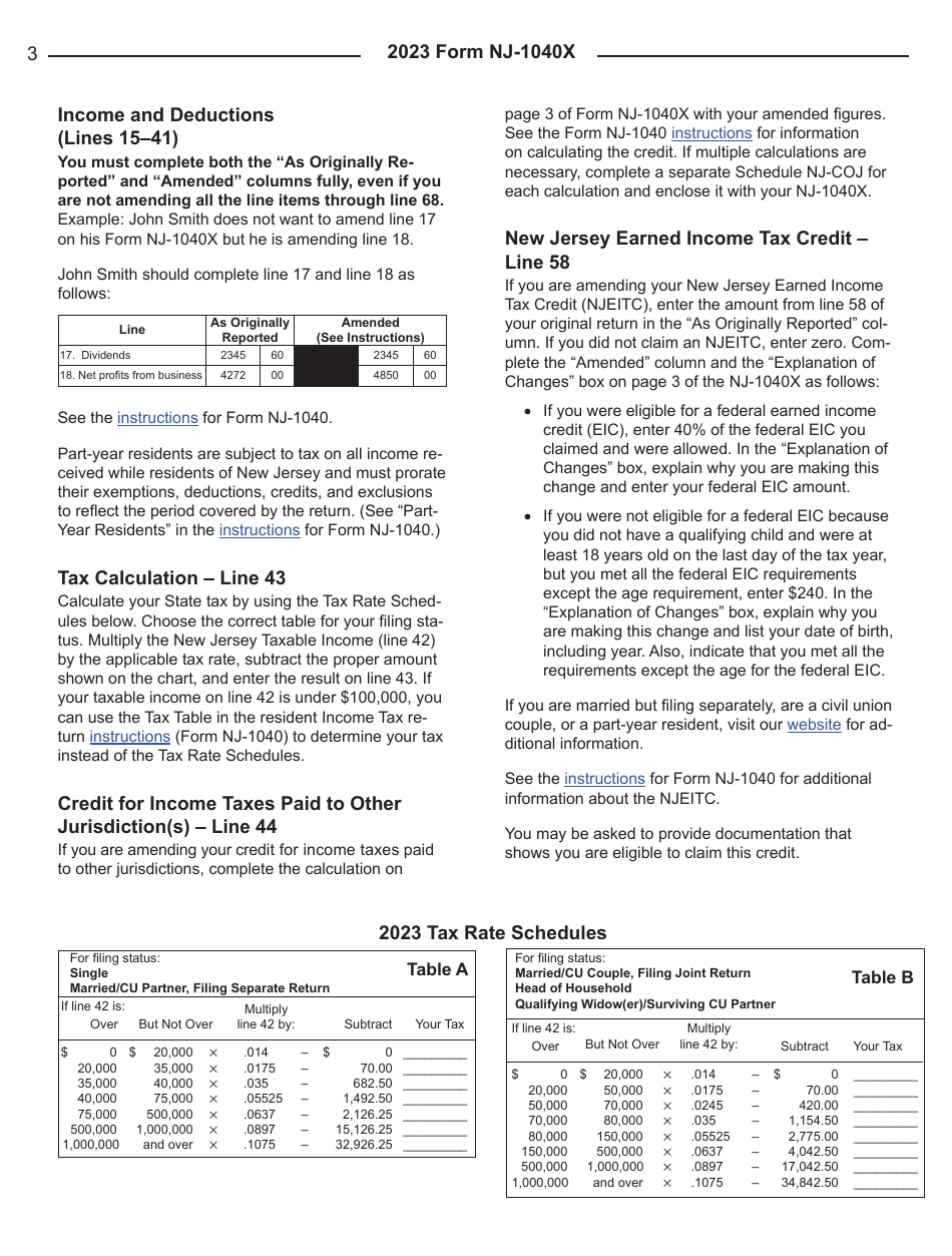 Instructions for Form NJ-1040X New Jersey Amended Resident Income Tax Return - New Jersey, Page 3