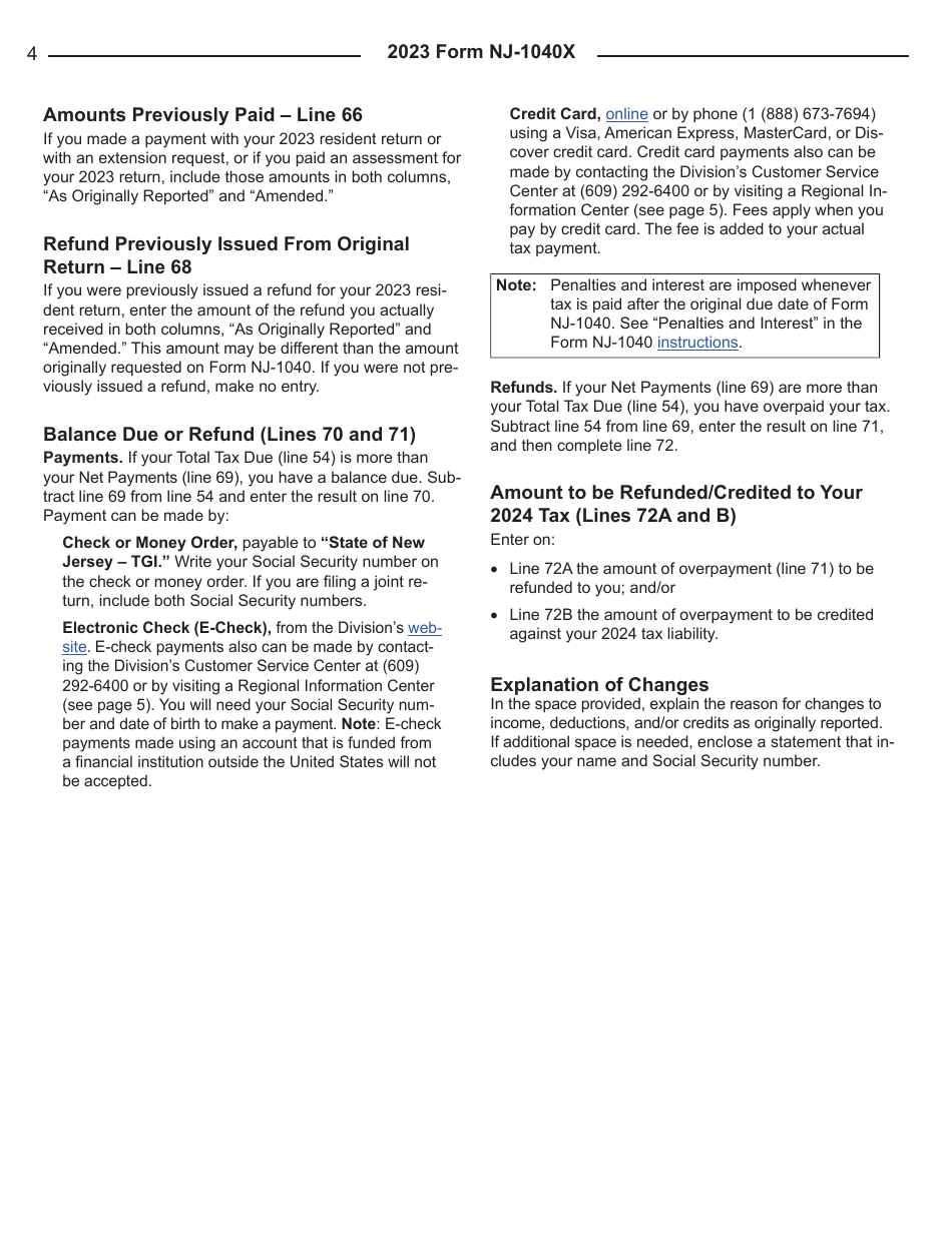Instructions for Form NJ-1040X New Jersey Amended Resident Income Tax Return - New Jersey, Page 4