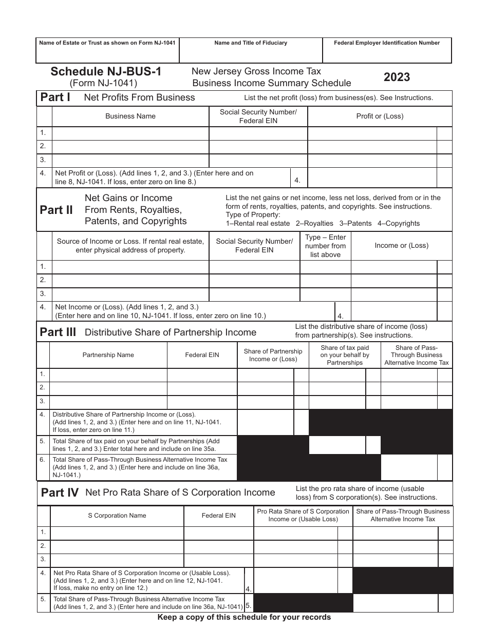 Form NJ-1041 Schedule NJ-BUS-1 Business Income Summary Schedule - New Jersey Gross Income Tax - New Jersey, Page 1