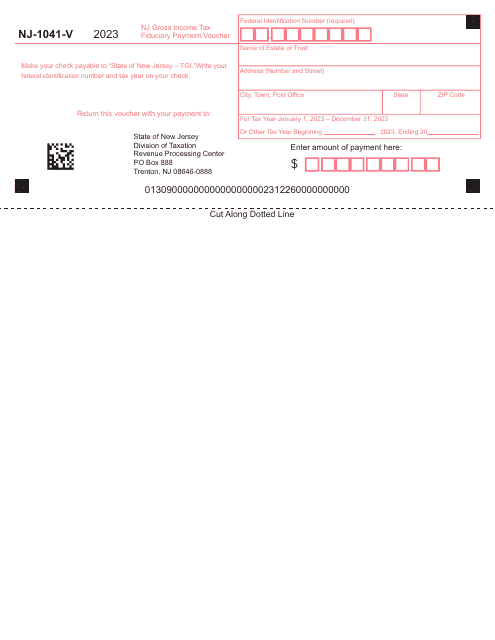 Form NJ-1041-V Fiduciary Income Tax Return Payment Voucher - New Jersey, 2023