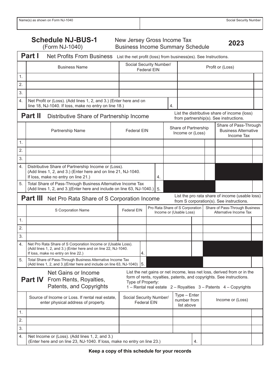 Form NJ-1040 Schedule NJ-BUS-1 Business Income Summary Schedule - New Jersey Gross Income Tax - New Jersey, Page 1